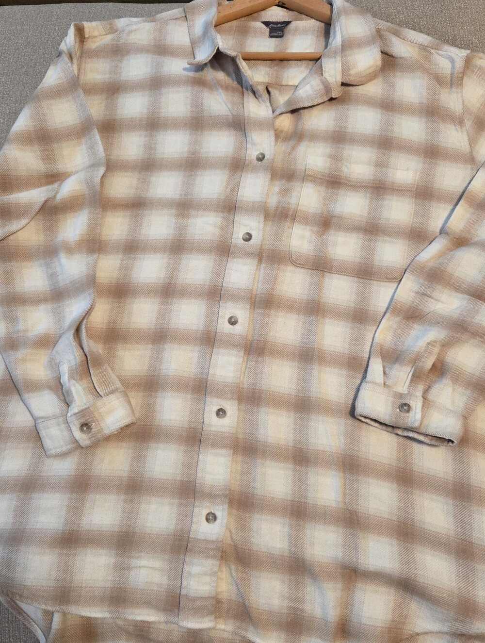 Eddie Bauer Flannel Shirt Women XL Tall Cream Tan Plaid Cozy Button Down Cotton